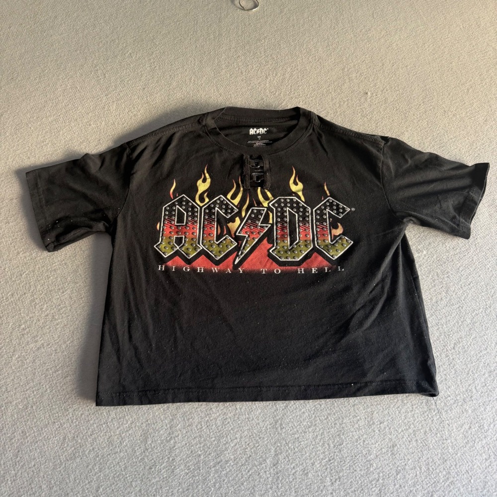 ACDC Highway to Hell Cropped Graphic Tee Black Lace Up Neck Size M
